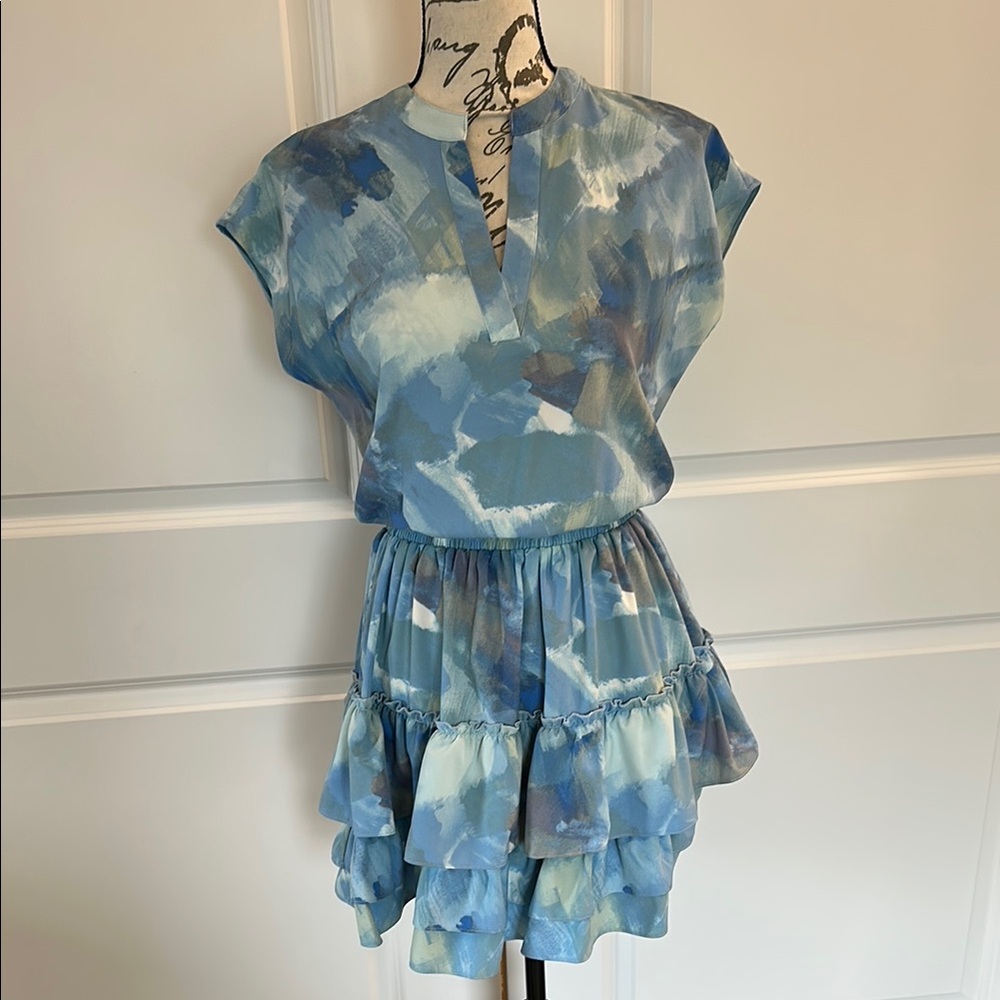 Wildfox Blue and White Ruffled Smocked Mini Dress